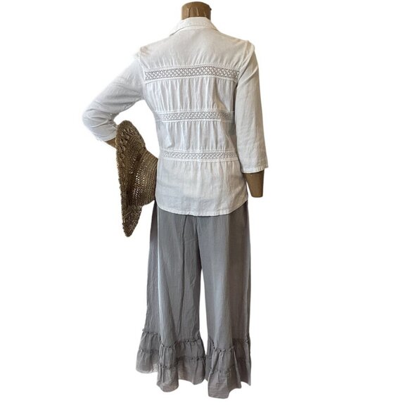 Beachy 3-Piece Set: Crop Ruffle Pant Linen Button-Up Top Sz S Seagrass Hat 329A - Picture 6 of 16